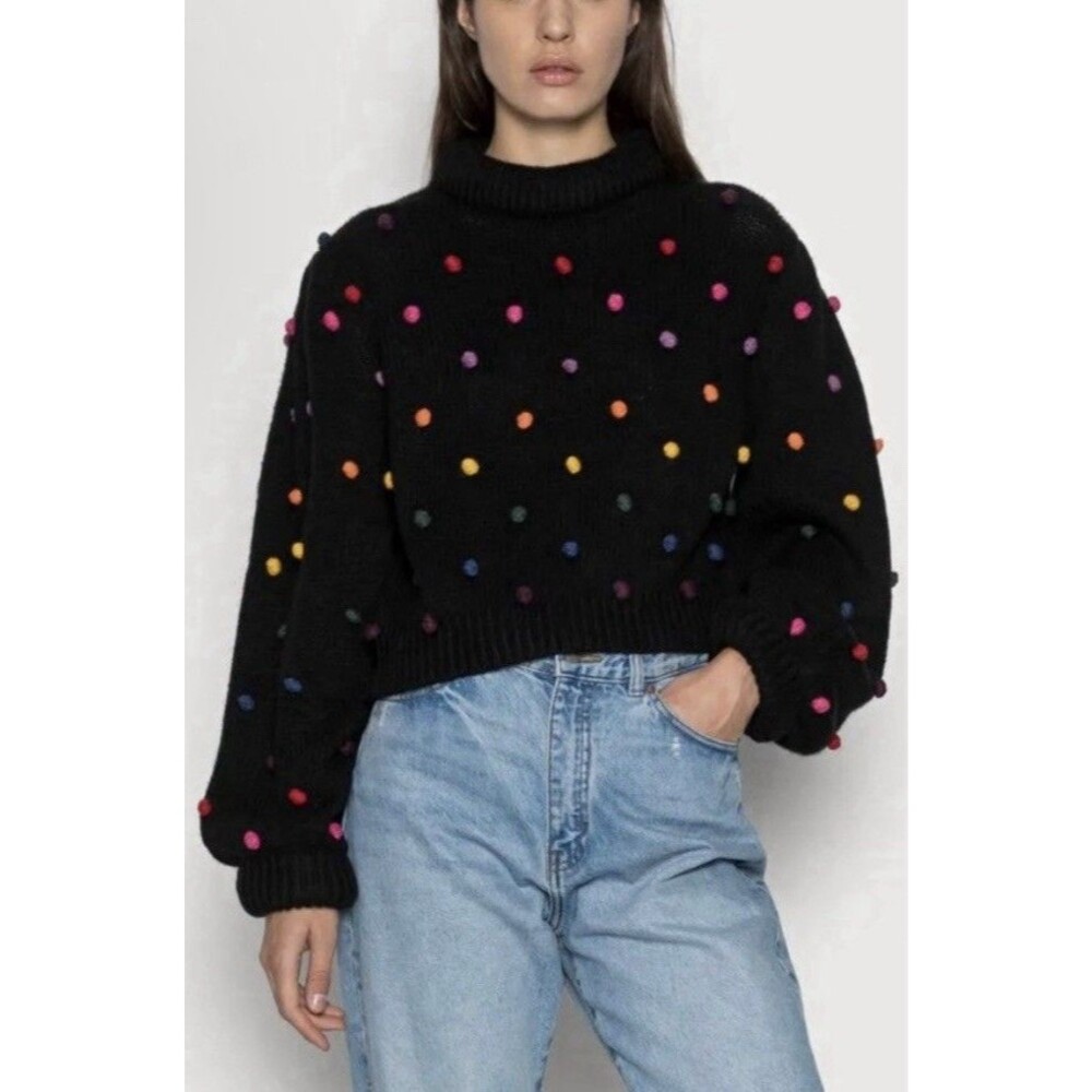 Farm Rio Rainbow Dots Sweater Pom Pom Black Knit Cropped Pullover Mock Neck S